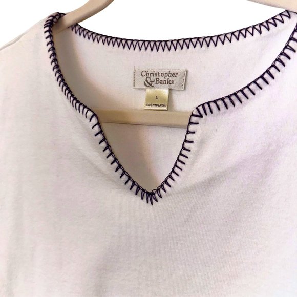 CHRISTOPHER AND BANKS WHITE V-NECK TEE PURPLE TRIM | SIZE L - Picture 4 of 5